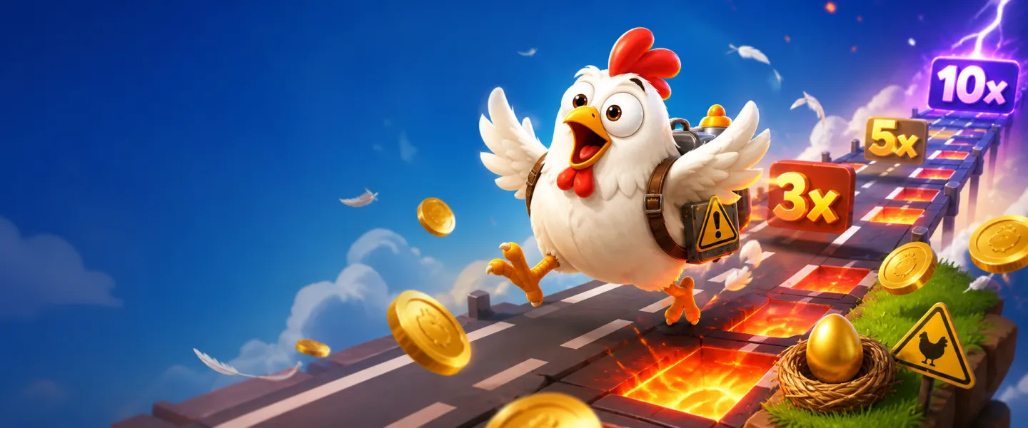 Bright promotional banner for Chicken Road slot, featuring road lanes, feathers, coins, and playful arcade elements.