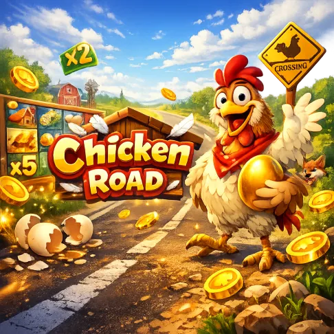 Playful Chicken Road slot promo with coins, road lanes and eggs.